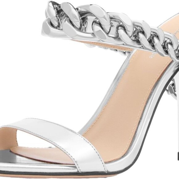 Women's Leather Silver Stiletto Sandals High Heel Chain Detail Elegant - Picture 1 of 3